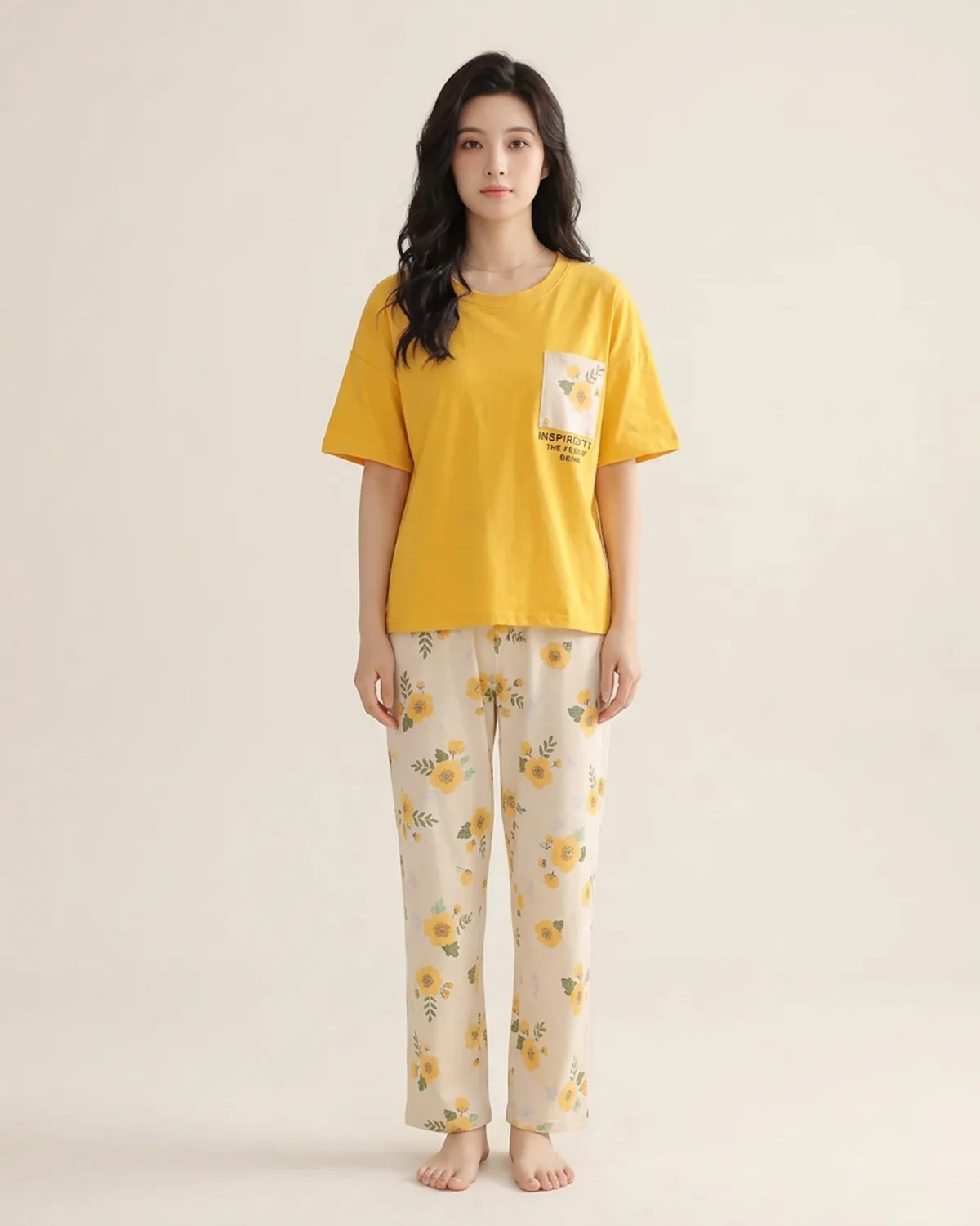 Pocket Flower Mustard printed two-piece night suit