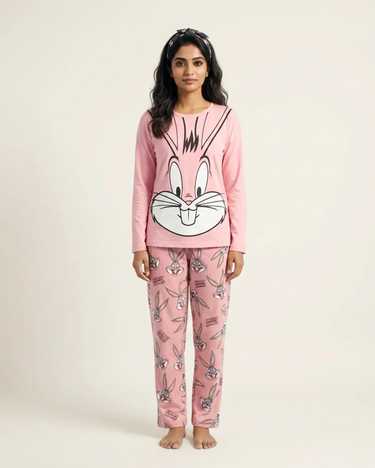 Pink Bunny printed two-piece night suit
