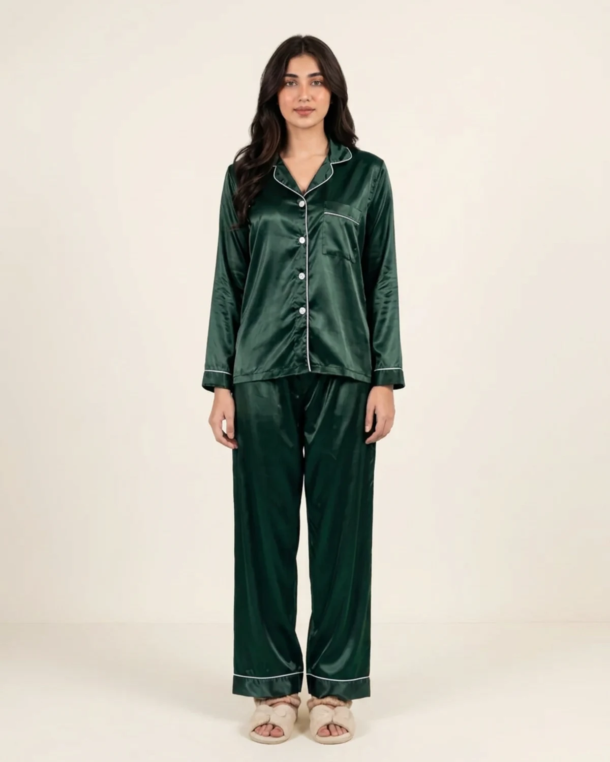 Dark Green silk night suit with collared button-down top and baggy trousers