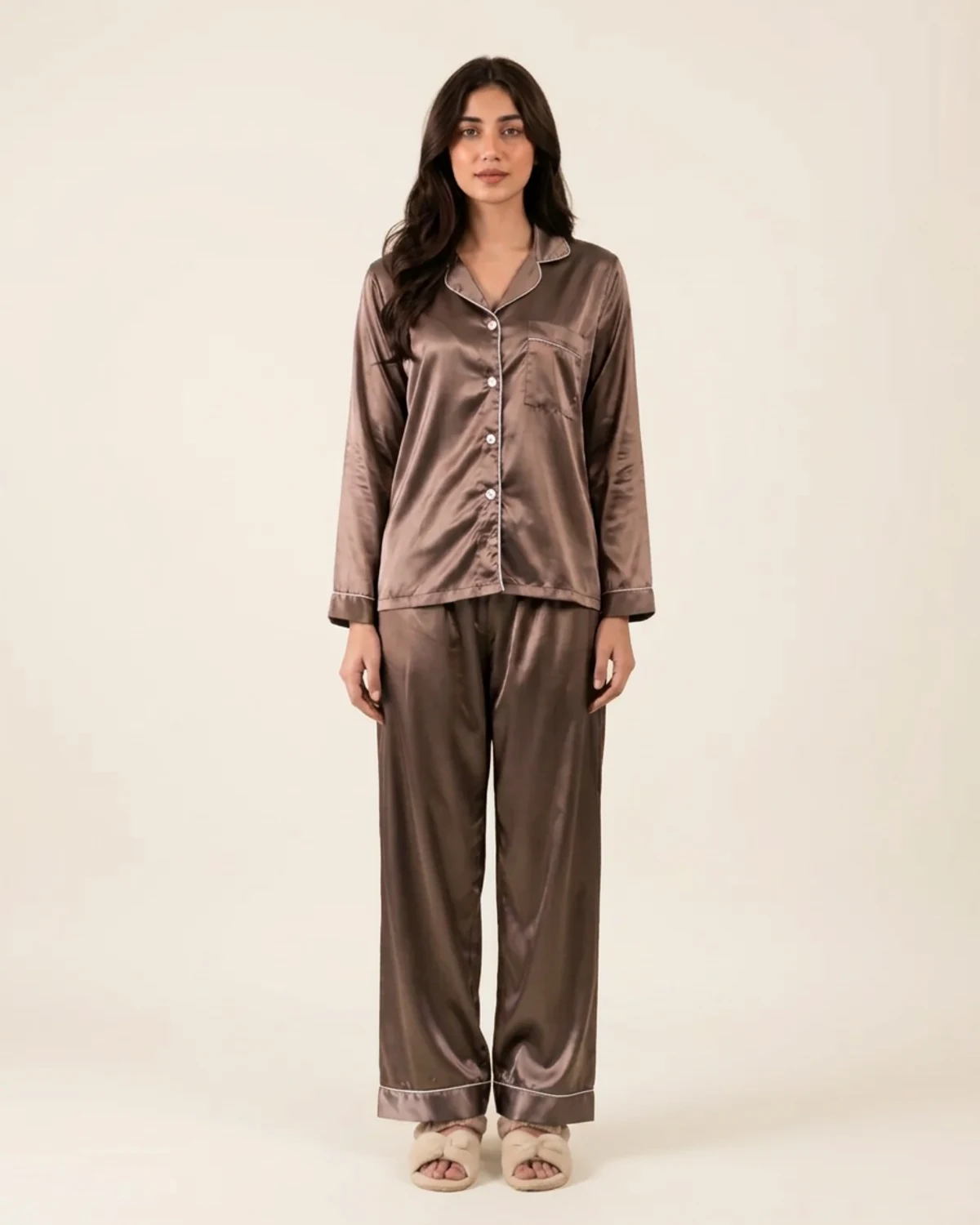 Dusty Brown silk night suit with collared button-down top and baggy trousers