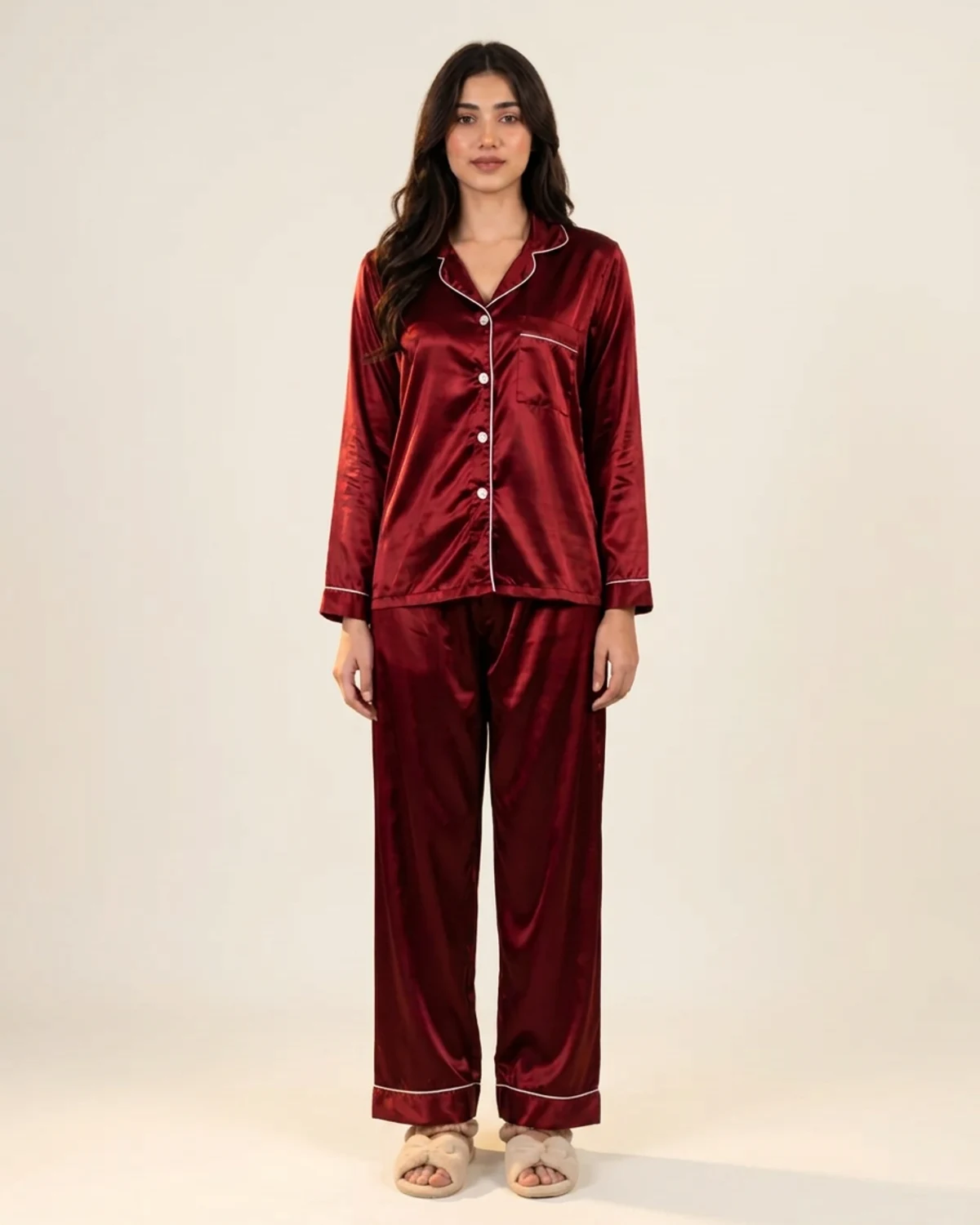 Red silk night suit with collared button-down top and baggy trousers