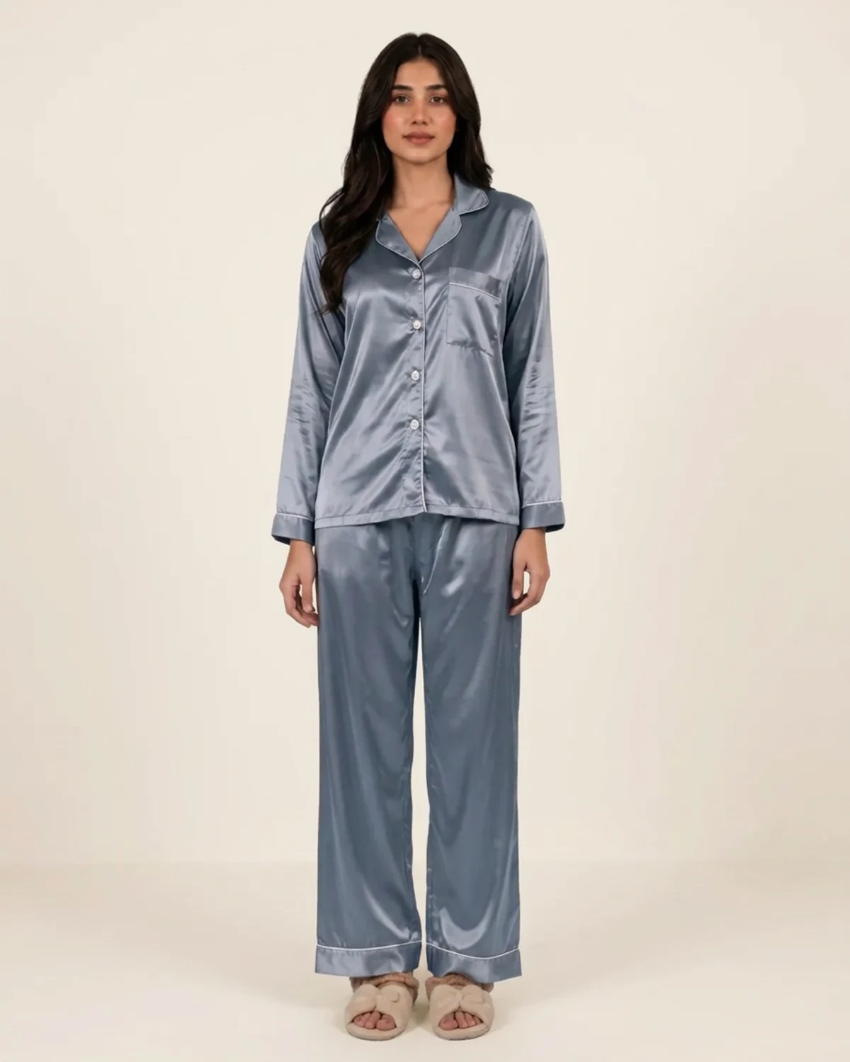Sailor silk night suit with collared button-down top and baggy trousers