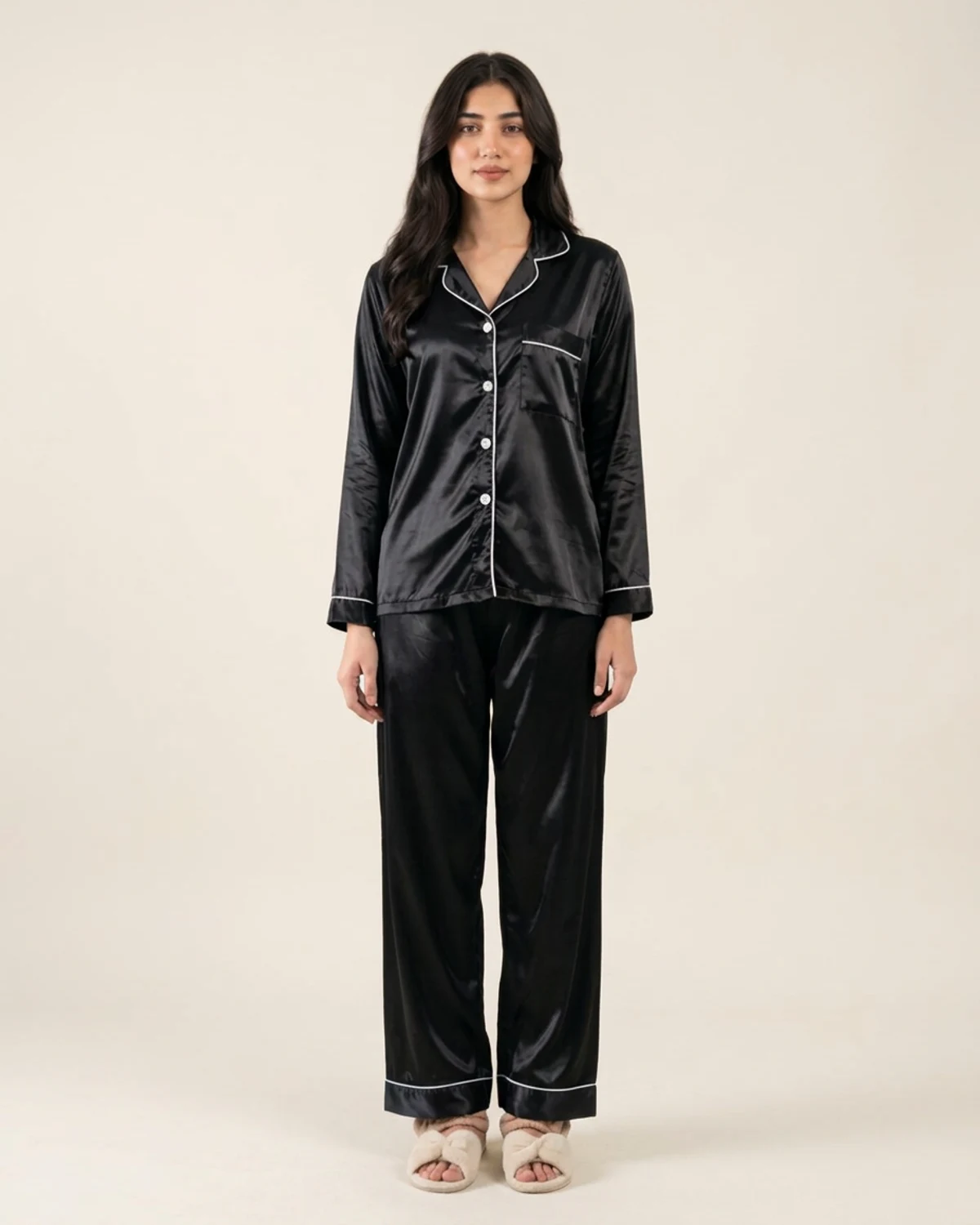 Black silk night suit with collared button-down top and baggy trousers