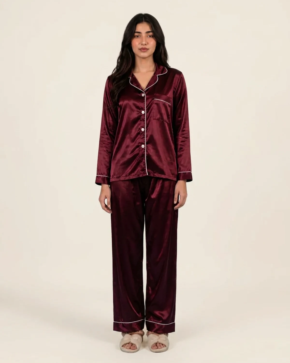Maroon silk night suit with collared button-down top and baggy trousers