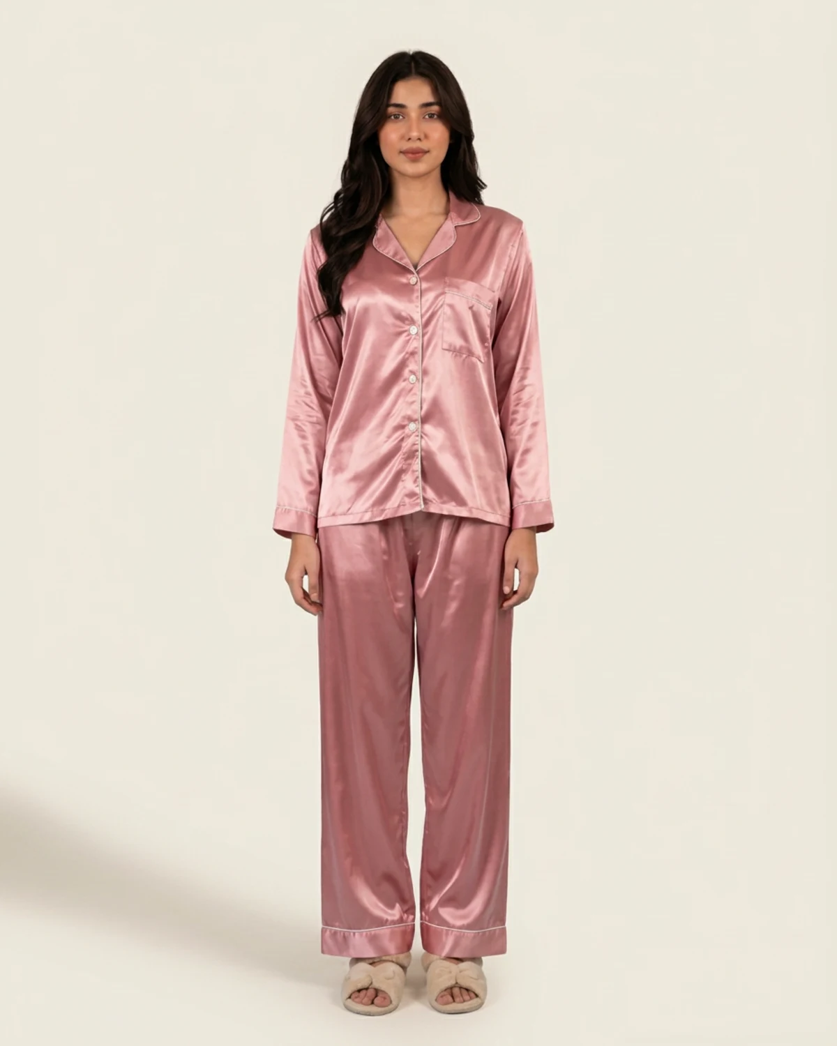 Dark Pink silk night suit with collared button-down top and baggy trousers