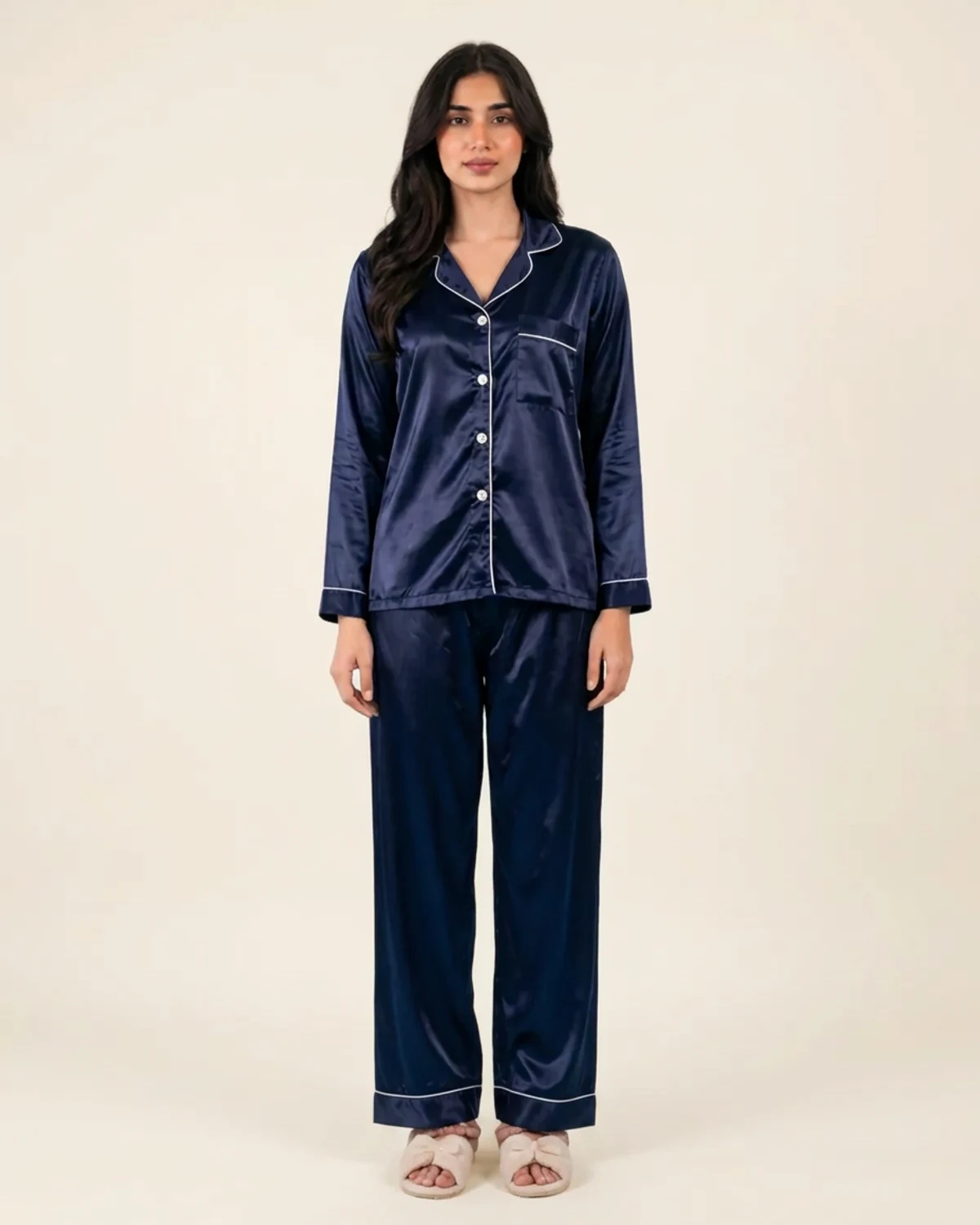 Navy Blue silk night suit with collared button-down top and baggy trousers